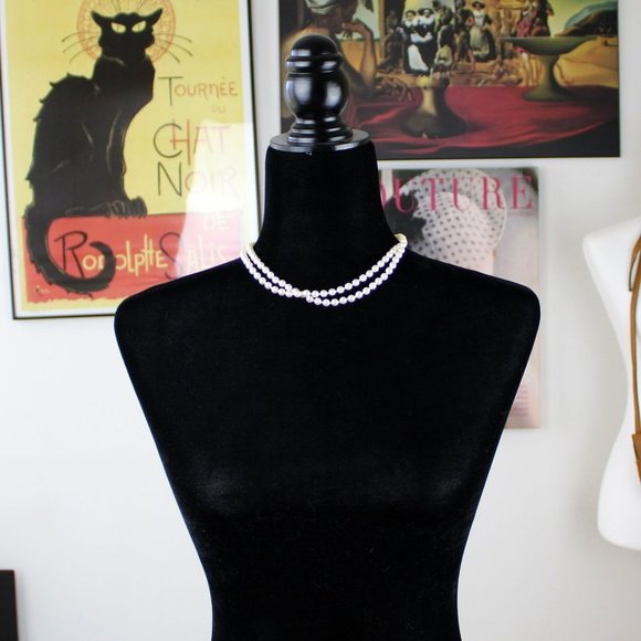 Mid Century Faux Pearl Double Strand Necklace, Rectangular Fish Hook Clasp J18 - Picture 4 of 8